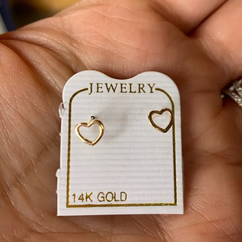 14k Solid Yellow Gold open heart Earrings screw